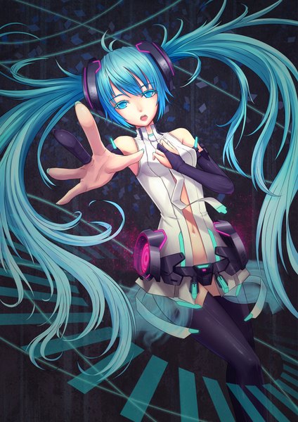 Anime picture 1252x1770 with vocaloid vocaloid append hatsune miku hatsune miku (append) jun (goodgun7) single tall image open mouth blue eyes twintails ahoge very long hair aqua hair outstretched arm girl thighhighs gloves elbow gloves fingerless gloves