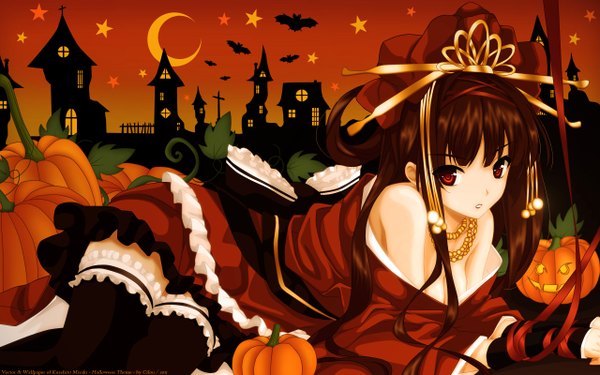 Anime picture 2560x1600 with misaki kurehito cilou (artist) long hair highres light erotic black hair red eyes wide image halloween silhouette girl thighhighs hair ornament black thighhighs star (symbol) jewelry vegetables jack-o'-lantern bat pumpkin