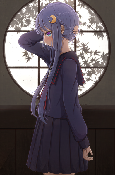 Anime picture 1149x1752 with kantai collection yayoi destroyer 21+ single long hair tall image looking at viewer fringe blue eyes standing payot purple hair indoors profile pleated skirt arm up arm behind head girl skirt uniform