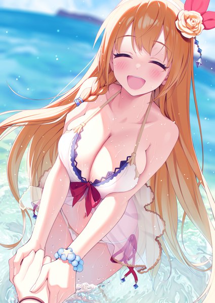 Anime picture 2507x3541 with princess connect! re:dive princess connect! pecorine (princess connect!) lunch (lunch3) long hair tall image blush fringe highres breasts open mouth light erotic smile large breasts standing payot sky cleavage outdoors braid (braids)