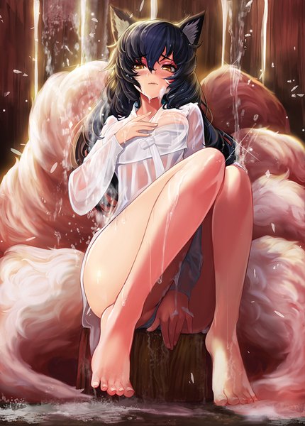 Anime picture 740x1033 with league of legends ahri (league of legends) goomrrat single long hair tall image looking at viewer blush light erotic black hair animal ears yellow eyes tail animal tail bare legs wet clothes girl water shower suggestive fluid