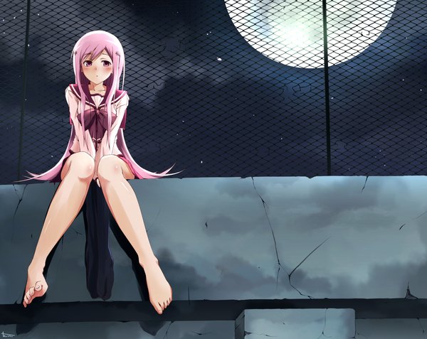 Anime picture 2245x1785 with to heart 2 leaf (studio) lucy maria misora nitta hiroto single long hair looking at viewer blush fringe highres sitting signed pink hair bent knee (knees) pleated skirt pink eyes night bare legs :o no shoes