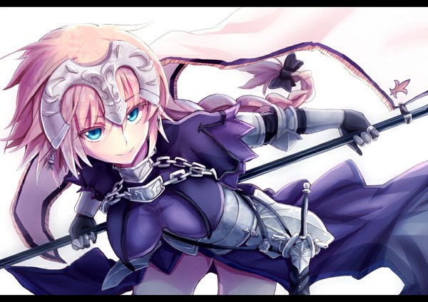 Anime picture 849x601 with fate (series) fate/apocrypha type-moon jeanne d'arc (fate) (all) jeanne d'arc (fate) yude (yudei) single long hair looking at viewer fringe breasts blue eyes simple background blonde hair smile large breasts standing white background holding upper body