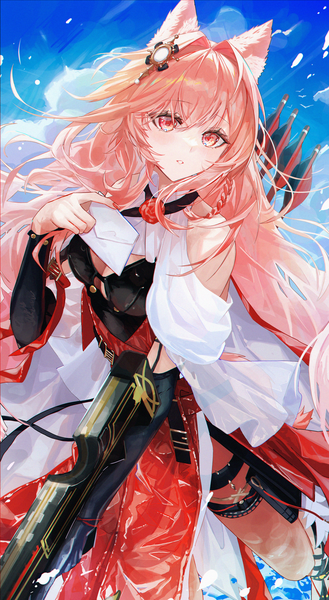 Anime picture 2300x4193 with arknights pozyomka (arknights) monge baby single long hair tall image looking at viewer blush fringe highres breasts light erotic hair between eyes red eyes bare shoulders holding animal ears pink hair sky cleavage
