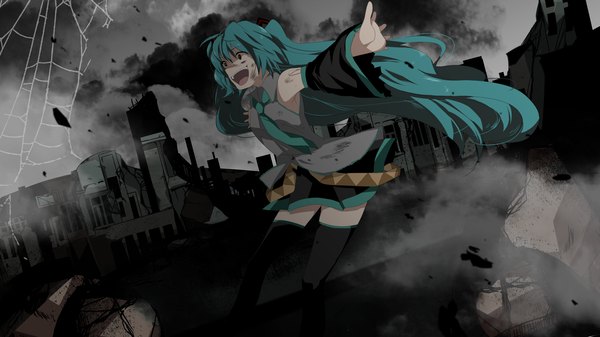 Anime picture 1500x844 with vocaloid hatsune miku marirero a long hair open mouth blue eyes wide image twintails aqua hair zettai ryouiki ruins girl thighhighs skirt black thighhighs detached sleeves miniskirt necktie