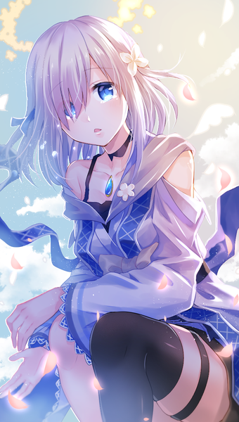 Anime picture 689x1213 with mahou shoujo madoka magica magia record: mahou shoujo madoka magica gaiden shaft (studio) isuzu ren myusha single long hair tall image looking at viewer blush fringe open mouth blue eyes sitting sky silver hair cloud (clouds) bent knee (knees) outdoors long sleeves