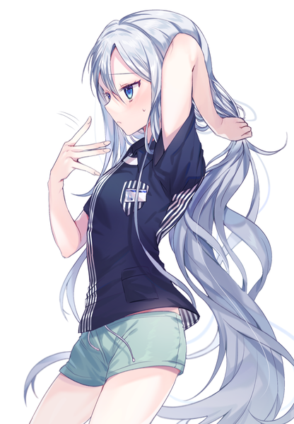 Anime picture 1686x2432 with project sekai lawson yoisaki kanade dabi (dabibubi) single tall image blue eyes simple background standing white background looking away silver hair very long hair profile fingernails alternate costume sweatdrop expressionless holding hair heat