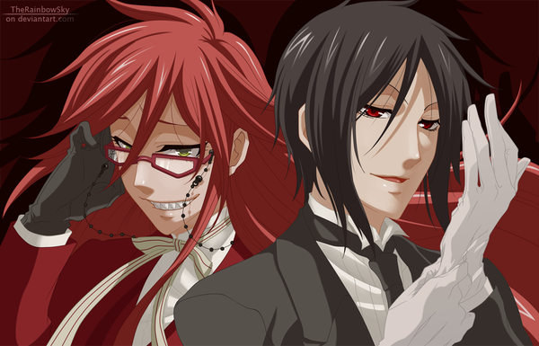 Anime picture 1200x771 with kuroshitsuji a-1 pictures sebastian michaelis grell sutcliff therainbowsky long hair short hair open mouth black hair smile red eyes green eyes red hair teeth grin coloring sharp teeth adjusting gloves shinigami boy
