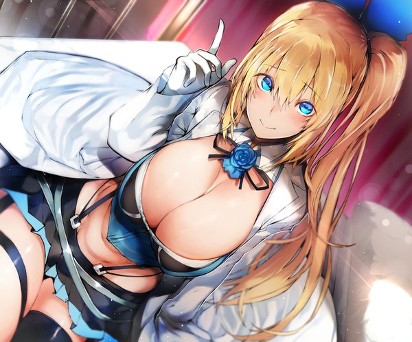 Anime picture 1646x1368 with virtual youtuber mirai akari project mirai akari nishiide kengorou single long hair looking at viewer fringe breasts blue eyes light erotic blonde hair smile hair between eyes sitting cleavage huge breasts side ponytail girl thighhighs