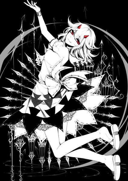 Anime picture 1700x2400 with touhou kijin seija sheya single tall image looking at viewer fringe short hair breasts smile hair between eyes red eyes full body nail polish parted lips arm up horn (horns) from behind short sleeves black background
