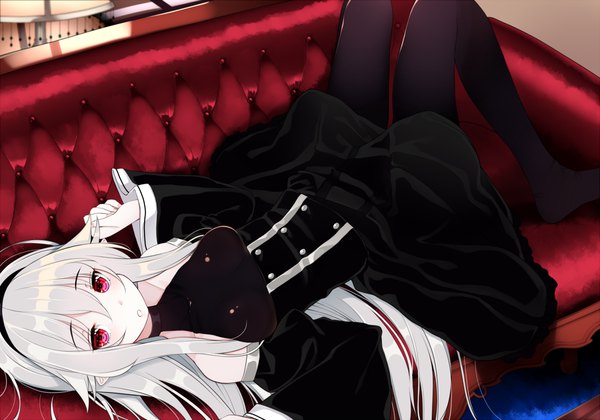 Anime picture 1200x840 with original afilia (kiyomin) kiyomin single long hair looking at viewer blush fringe breasts hair between eyes red eyes payot bent knee (knees) white hair indoors lying :o on back no shoes lolita fashion