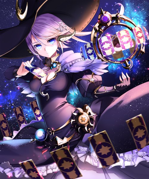Anime picture 1200x1440 with final fantasy final fantasy xiv square enix au ra yuuki kira single tall image short hair breasts blue eyes sky cleavage purple hair horn (horns) puffy sleeves crescent space constellation girl dress