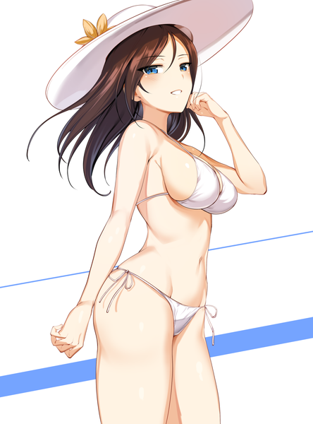 Anime picture 1111x1500 with girls und panzer nonna (girls und panzer) ikomochi single long hair tall image looking at viewer blush fringe breasts blue eyes light erotic simple background hair between eyes brown hair large breasts standing white background parted lips sideboob