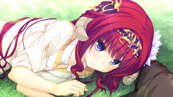 Anime picture 1920x1080 with world election whirlpool (studio) sophia usty single long hair highres blue eyes wide image game cg red hair lying horn (horns) girl dress headband