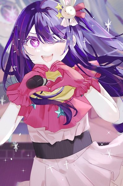 Anime picture 678x1024 with oshi no ko hoshino ai (oshi no ko) miri mm222 single long hair tall image looking at viewer open mouth purple eyes purple hair one eye closed wink sparkle one side up symbol-shaped pupils ;d heart hands girl dress gloves