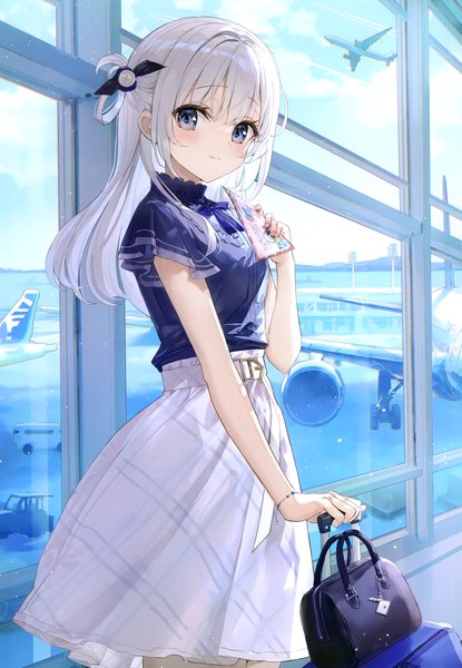 Anime picture 2405x3477 with original fuumi (radial engine) single long hair tall image looking at viewer blush fringe highres blue eyes standing holding silver hair indoors blunt bangs light smile scan short sleeves hair rings girl