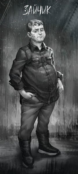 Anime-Bild 450x1000 mit tiny bunny semyon (tiny bunny) saikono single tall image looking at viewer short hair standing full body grey background copyright name hands in pockets twisty sleeves russian fat fat man boy jacket pants rubber boots