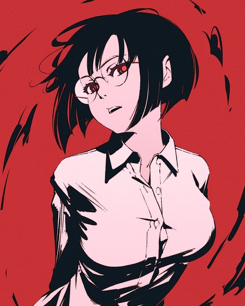Anime-Bild 864x1080 mit durarara!! brains base (studio) sonohara anri moshimoshibe single tall image looking at viewer fringe short hair open mouth black hair simple background red eyes upper body portrait hands behind back red background bob cut high contrast girl