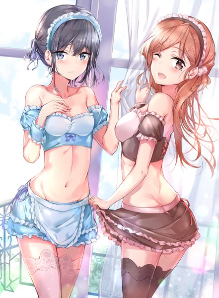 Anime picture 1827x2486 with masamune-kun no revenge silver link adagaki aki fujinomiya neko nyung long hair tall image looking at viewer fringe highres short hair breasts open mouth blue eyes light erotic black hair hair between eyes brown hair standing bare shoulders