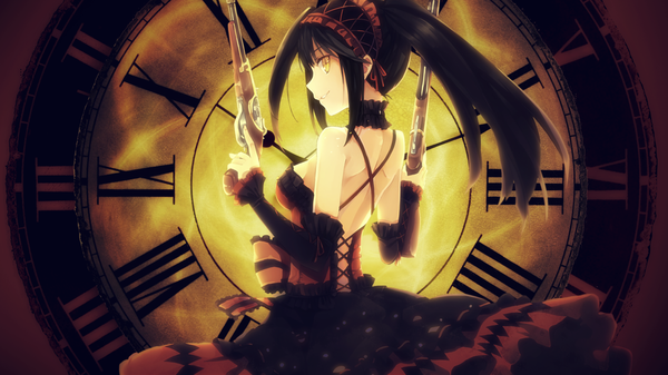 Anime picture 1920x1080 with date a live tokisaki kurumi hao (patinnko) single long hair highres black hair smile wide image twintails yellow eyes profile looking back wallpaper back girl dress weapon detached sleeves frills