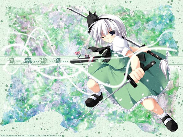 Anime picture 1024x768 with touhou konpaku youmu tateha (marvelous grace) single looking at viewer short hair holding silver hair full body one eye closed wallpaper puffy sleeves third-party edit fighting stance dual wielding girl skirt ribbon (ribbons) weapon hair ribbon