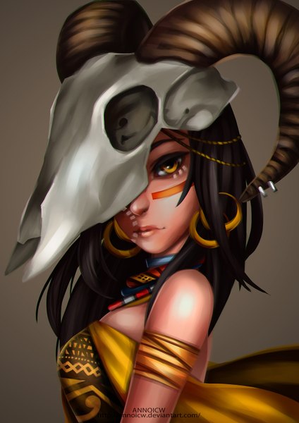 Anime picture 1080x1528 with original annoicw single long hair tall image black hair simple background bare shoulders signed yellow eyes horn (horns) face paint covering eye (eyes) girl earrings necklace skull hoop earrings skull helmet