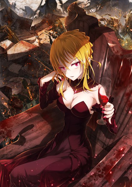 Anime picture 900x1274 with original bae.c single tall image looking at viewer fringe short hair light erotic blonde hair hair between eyes red eyes sitting bare shoulders cleavage braid (braids) nail polish light smile from above shaded face girl