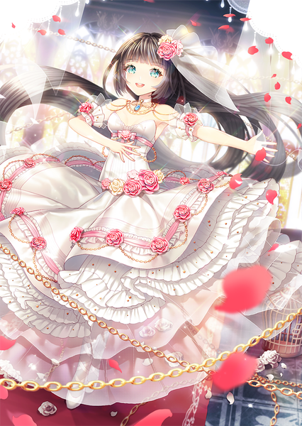 Anime picture 600x844 with original saban single tall image looking at viewer open mouth blue eyes black hair smile very long hair girl flower (flowers) petals rose (roses) chain pink rose
