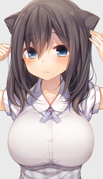 Anime picture 755x1303 with original komeshiro kasu single long hair tall image looking at viewer blush fringe breasts blue eyes light erotic black hair simple background hair between eyes large breasts animal ears upper body cat ears grey background embarrassed