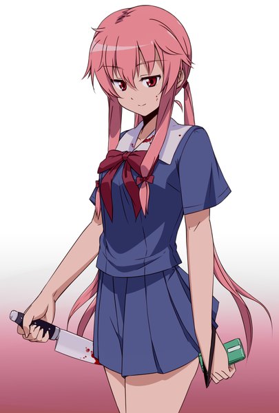 Anime picture 1181x1748 with mirai nikki gasai yuno mousou (mousou temporary) single long hair tall image red eyes twintails pink hair low twintails girl uniform school uniform blood knife