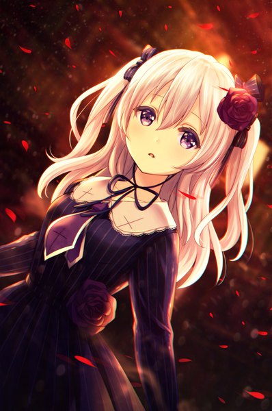 Anime picture 750x1131 with original catbell single long hair tall image looking at viewer fringe open mouth standing purple eyes payot silver hair hair flower two side up dutch angle striped girl dress flower (flowers) bow
