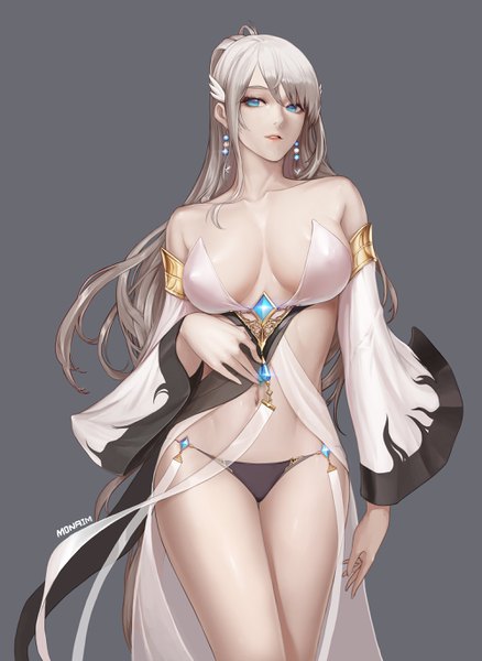 Anime picture 2000x2739 with dungeon and fighter female gunner (dungeon and fighter) monaim single long hair tall image looking at viewer fringe highres breasts blue eyes light erotic simple background hair between eyes large breasts standing bare shoulders signed cleavage silver hair