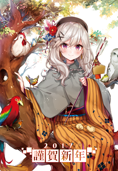 Anime picture 700x1016 with original shirako miso single long hair tall image looking at viewer blush fringe smile hair between eyes sitting purple eyes silver hair traditional clothes japanese clothes hieroglyph new year happy new year nengajou bird on hand