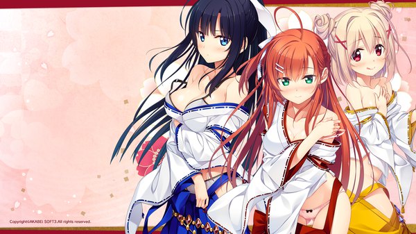 Anime picture 1280x720 with omokage tachibana gekka ichinose minato suzu hinami long hair blush short hair breasts blue eyes light erotic black hair red eyes wide image multiple girls green eyes game cg white hair red hair traditional clothes japanese clothes