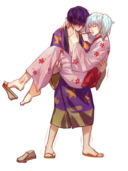 Anime picture 1200x1600 with gintama sunrise (studio) sakata gintoki takasugi shinsuke paako hangleing long hair tall image fringe short hair red eyes twintails holding silver hair purple hair traditional clothes japanese clothes multiple boys mouth hold animal print