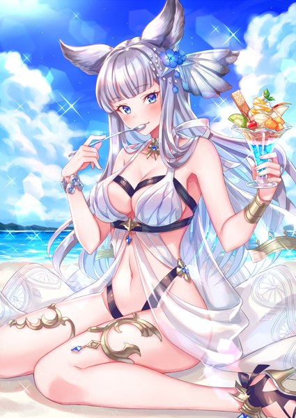 Anime picture 1500x2118 with granblue fantasy korwa (granblue fantasy) zoff (daria) single long hair tall image looking at viewer blush fringe breasts blue eyes light erotic large breasts sitting bare shoulders holding animal ears sky cleavage silver hair