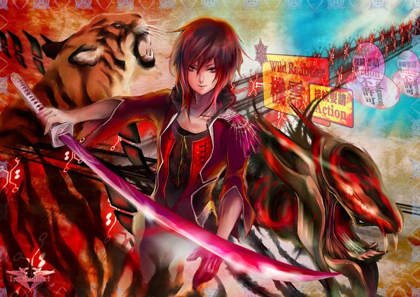 Anime picture 2500x1765 with original ic-kaname single fringe highres smile hair between eyes red eyes red hair text outstretched arm english girl weapon animal sword katana monster tiger