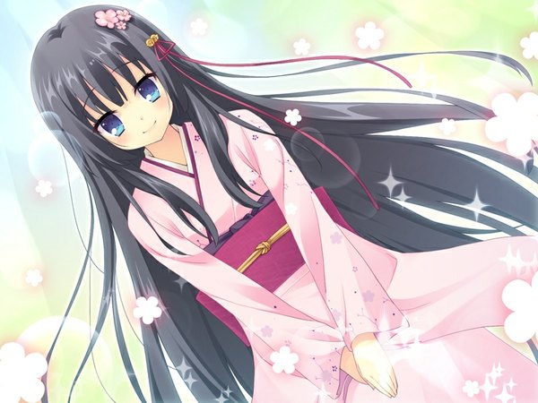 Anime picture 800x600 with hin wa bokura no fuku no kami koujiro yoshino rurino sakazuki single long hair looking at viewer blush fringe blue eyes black hair smile standing game cg traditional clothes japanese clothes hair flower girl hair ornament flower (flowers) kimono