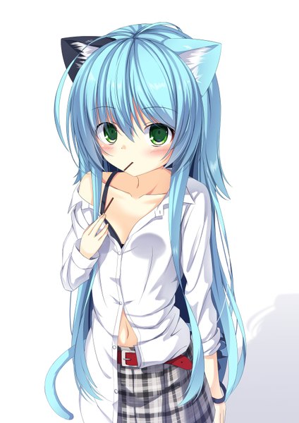 Anime-Bild 1190x1684 mit original crim soda single long hair tall image blush fringe light erotic simple background hair between eyes white background holding green eyes animal ears blue hair ahoge tail animal tail pleated skirt from above