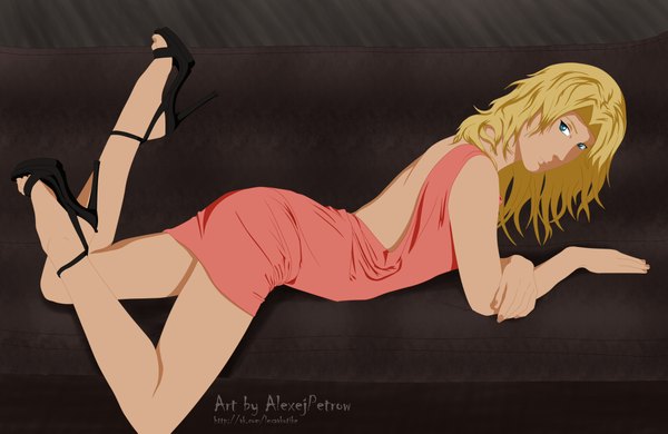 Anime picture 4442x2893 with naruto studio pierrot naruto (series) temari (naruto) single long hair looking at viewer highres blue eyes blonde hair absurdres lying inscription high heels wallpaper legs alternate hairstyle alternate age hair down girl