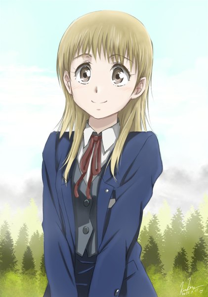 Anime picture 1000x1426 with ushio to tora inoue mayuko kem kem single long hair tall image blush fringe blonde hair smile signed looking away grey eyes dated girl uniform plant (plants) school uniform tree (trees)