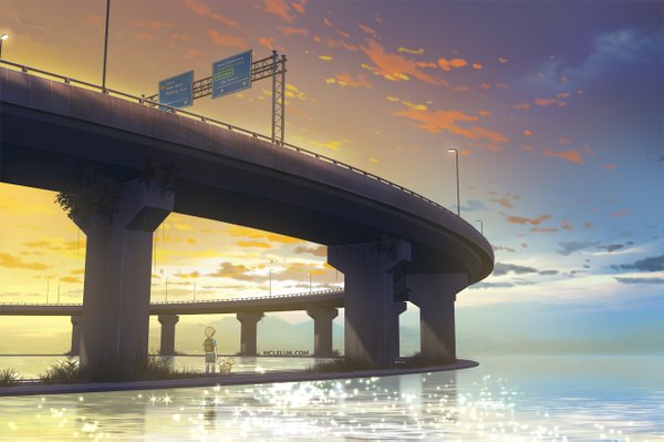 Anime picture 1280x853 with original mclelun short hair sky cloud (clouds) from behind sunlight short sleeves evening sunset horizon landscape scenic lake plant (plants) animal child (children) backpack dog bridge