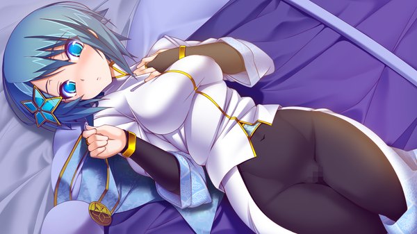 Anime picture 1280x720 with sengoku hime 4 blush short hair blue eyes light erotic wide image blue hair game cg lying girl hair ornament