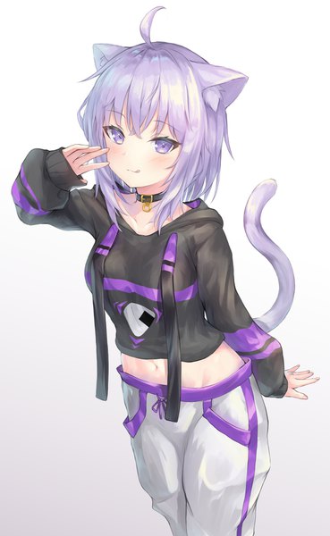 Anime picture 1076x1750 with virtual youtuber hololive nekomata okayu nekomata okayu (1st costume) parufeito single long hair tall image looking at viewer blush simple background smile standing white background purple eyes animal ears purple hair ahoge tail long sleeves