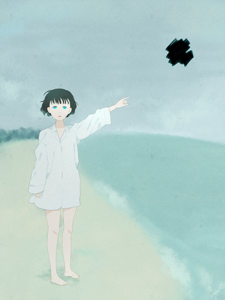 Anime picture 1200x1600 with original mosuko single tall image short hair open mouth blue eyes black hair sky wind beach pointing girl shirt white shirt