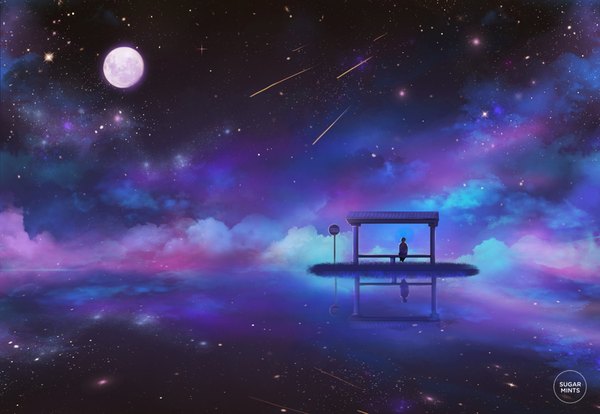 Anime picture 900x622 with original sugarmints single sitting signed cloud (clouds) outdoors night night sky watermark reflection shooting star milky way ambiguous gender plant (plants) water moon star (stars) grass full moon