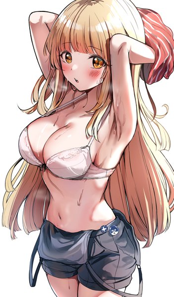 Anime picture 2401x4096 with bang dream! tsurumaki kokoro sak (lemondisk) single long hair tall image looking at viewer blush fringe highres breasts open mouth light erotic simple background blonde hair large breasts standing white background yellow eyes payot