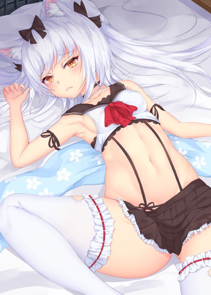 Anime picture 900x1260 with azur lane yukikaze (azur lane) shiro usagi single long hair tall image blush fringe breasts light erotic twintails animal ears silver hair lying pleated skirt cat ears armpit (armpits) midriff on back orange eyes