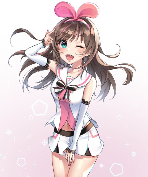Anime picture 1500x1800 with virtual youtuber a.i. channel kizuna ai garglin single long hair tall image looking at viewer blush fringe open mouth simple background brown hair standing one eye closed multicolored hair aqua eyes wink streaked hair gradient background