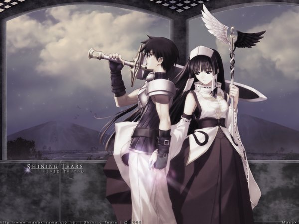 Anime picture 1600x1200 with shining (series) shining tears ryuuna (shining tears) xion magus tony taka long hair fringe short hair signed cloud (clouds) outdoors blunt bangs wind third-party edit girl boy gloves weapon sword headdress